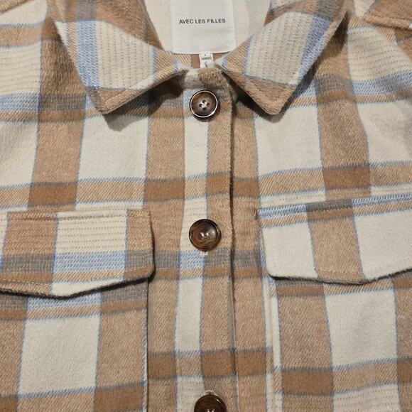 Avec Les Filles Neutral Plaid Shacket Oversized Shirt Jacket Button Front, Large - Picture 5 of 8